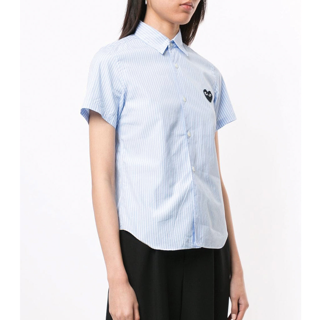 COMME des GARCONS PLAY Black Heart Blue Striped Short Sleeve Shirt