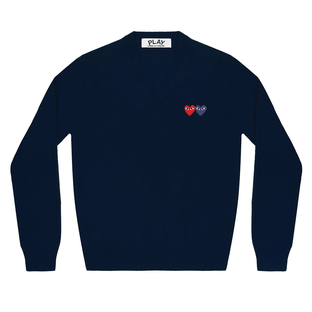 COMME des GARCONS PLAY Double Heart V-Neck Knit Navy