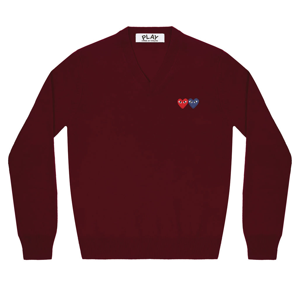 COMME des GARCONS PLAY Double Heart V-Neck Knit Burgundy