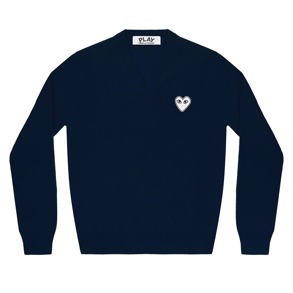 Pullover V-Neck Knit White Heart Navy